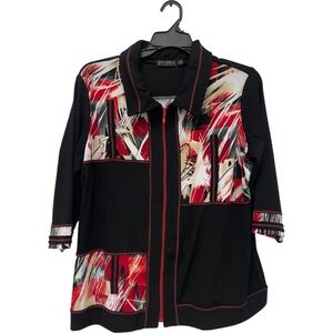 Picadilly Womens Black Red Abstract Patchwork 3/4 Sleeve Zip Up Jacket Size‎ 1X